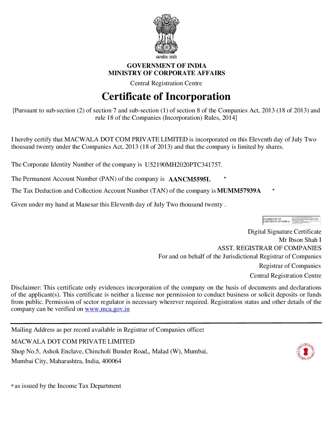 Certificate of Incorporation of MacWala Dot Com Private Limited
